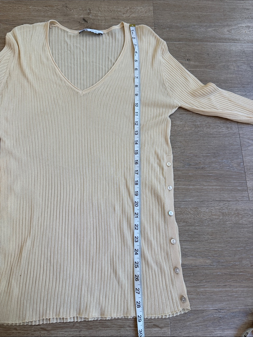 Zara Ribbed V-Neck Button-Side Long Sleeve Top - Cream Medium - Picture 5 of 6